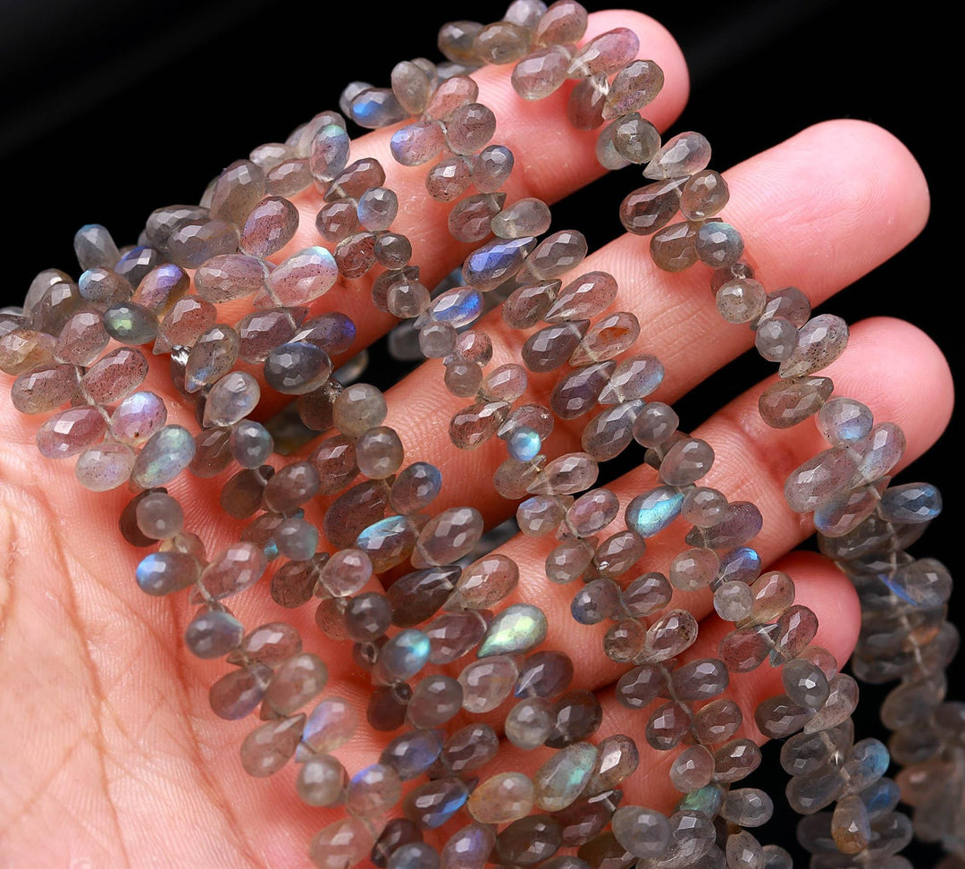 Faceted Labradorite Teardrop Beads: Natural Gemstone Strand, 4X7-5X9mm