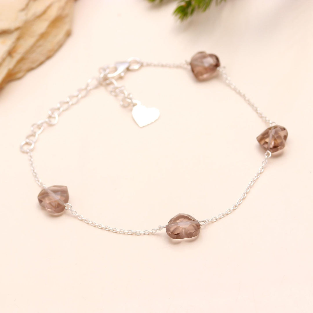 Natural Smokey Quartz Heart Shape Beads Bracelet, Brown Quartz Heart Beads Bracelet, Girl's Gift Chain Bracelet, 925 Silver Gift for Her