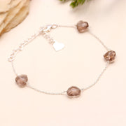 Natural Smokey Quartz Heart Shape Beads Bracelet, Brown Quartz Heart Beads Bracelet, Girl's Gift Chain Bracelet, 925 Silver Gift for Her