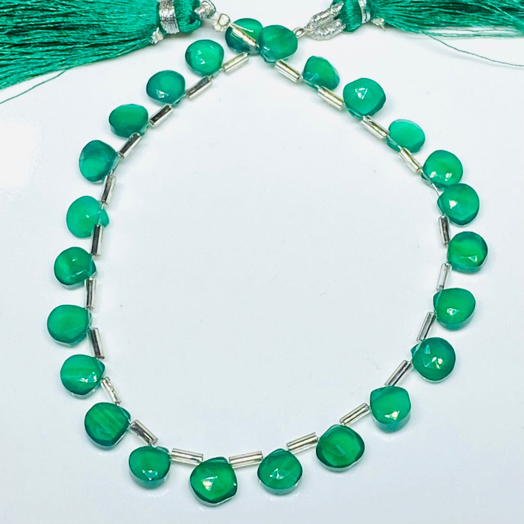 Natural Green Onyx Heart Shape Faceted Beads, Green Onyx Briolettes Beads For Jewelry, 7 mm Heart Shape Beads For Earrings Making, 8" Strand