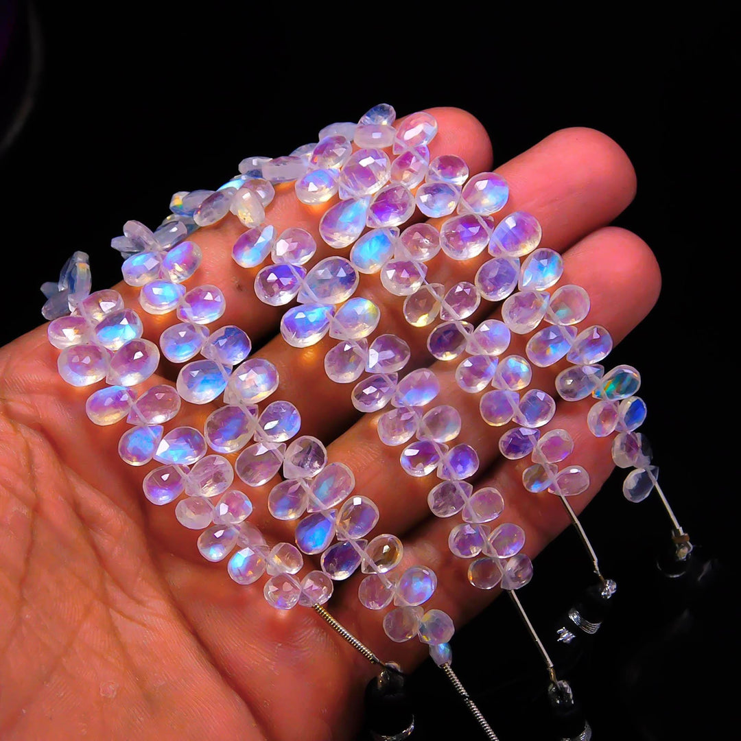 Faceted Rainbow Moonstone Pear Beads: AAA Briolettes, 4 Inch Strand