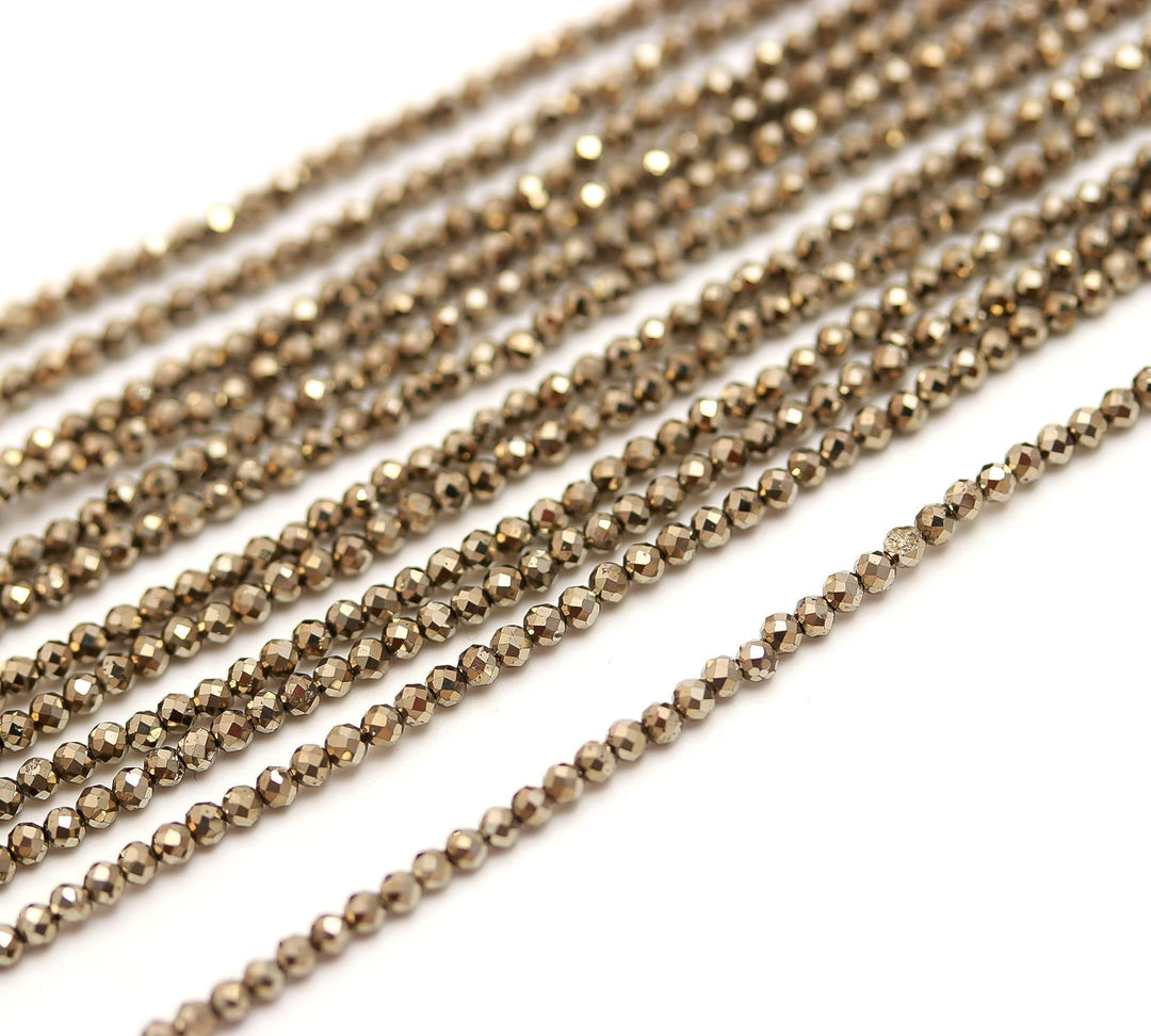 Natural Pyrite Micro Faceted Beads, Sparkling Pyrite Round Beads, AAA Pyrite Gemstone Beads for Jewelry Making, Wholesale Loose Beads, 2 MM