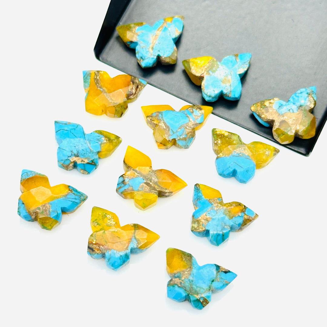 Sparkling Mohave Copper Turquoise Butterfly Shape Carving Beads, Faceted Butterfly Gemstone, Blue & Yellow Turquoise Carving Beads 14x10 MM
