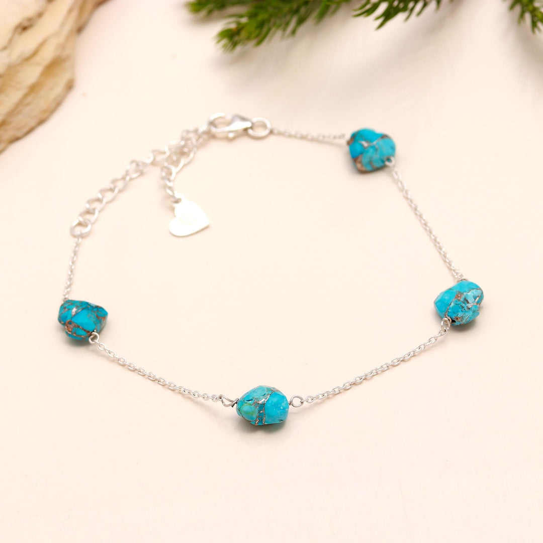 AAA Copper Turquoise Heart Beads Bracelet, Turquoise Heart Beads Bracelet, Women's Gift Chain Bracelet, 925 Silver Bracelet/Anklets