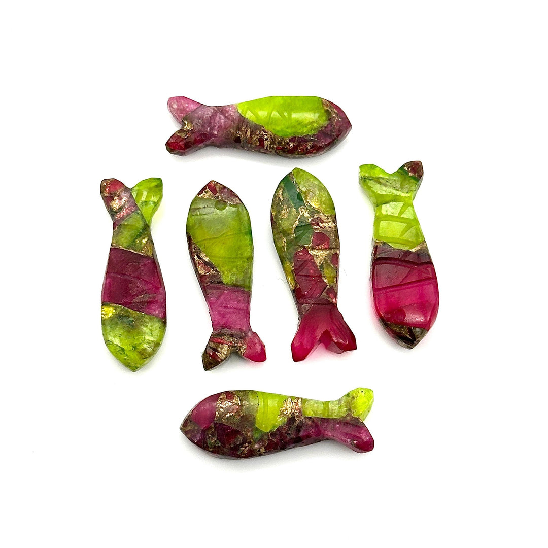 Carved Copper Turquoise Fish Charm: Neon Green & Hot Pink Briolette (25mm