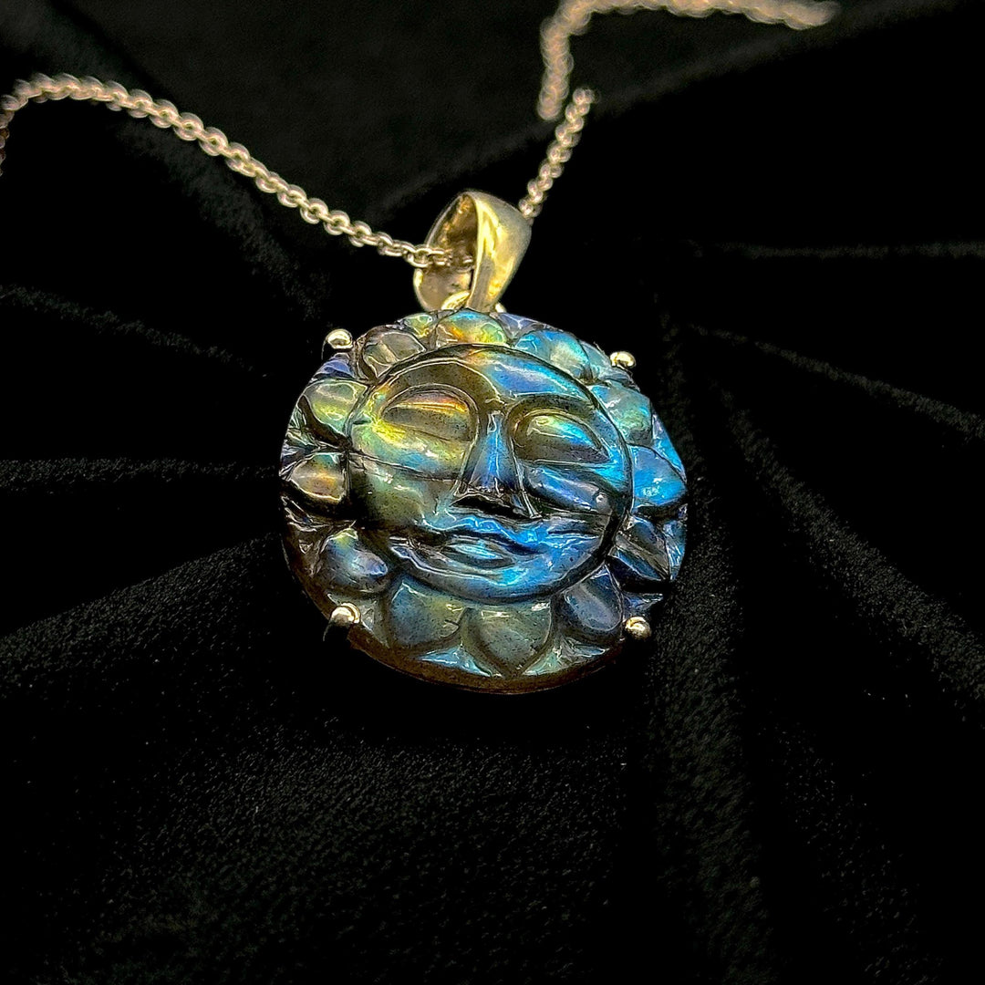 Carved Labradorite Sun Face Pendant: Boho Gemstone Necklace