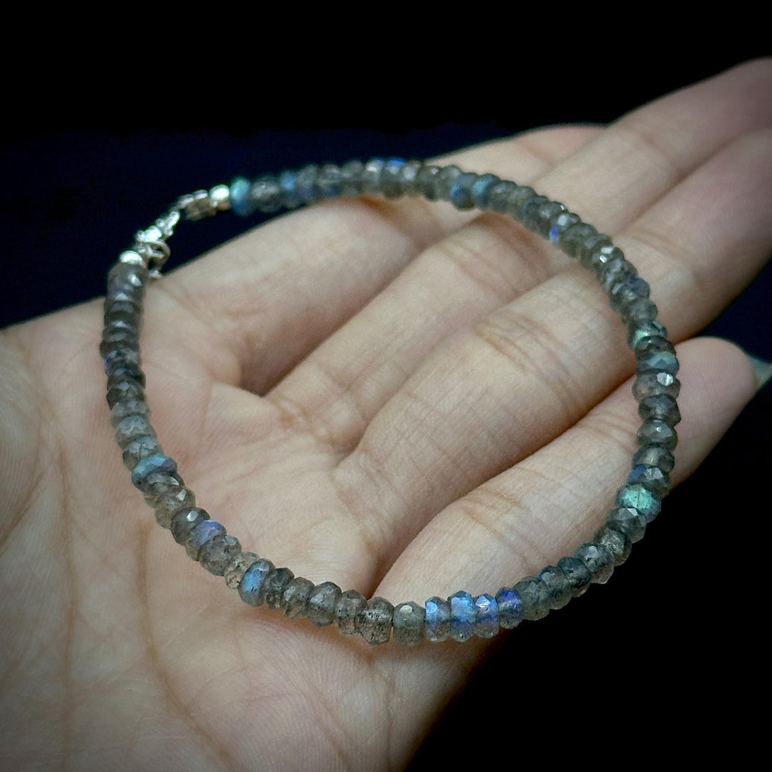Flashy Labradorite Beaded Bracelet, Faceted Labradorite Beads Bracelet, Gemstone Silver Bracelet/Anklet, Yoga & Meditation Bracelet, 3-4 MM
