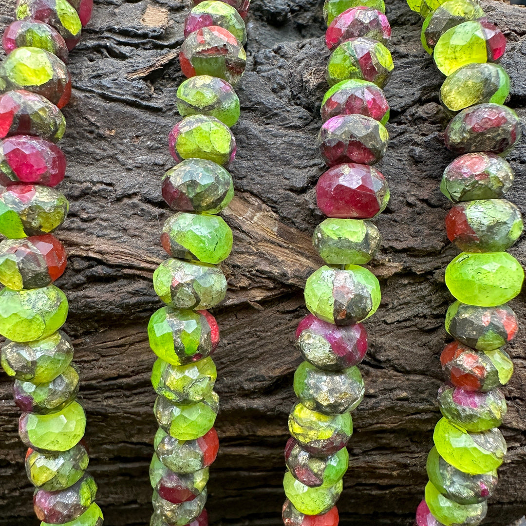 Faceted Neon Copper Turquoise Rondelle Beads: Green & Pink, 8-10mm, 4 Inch