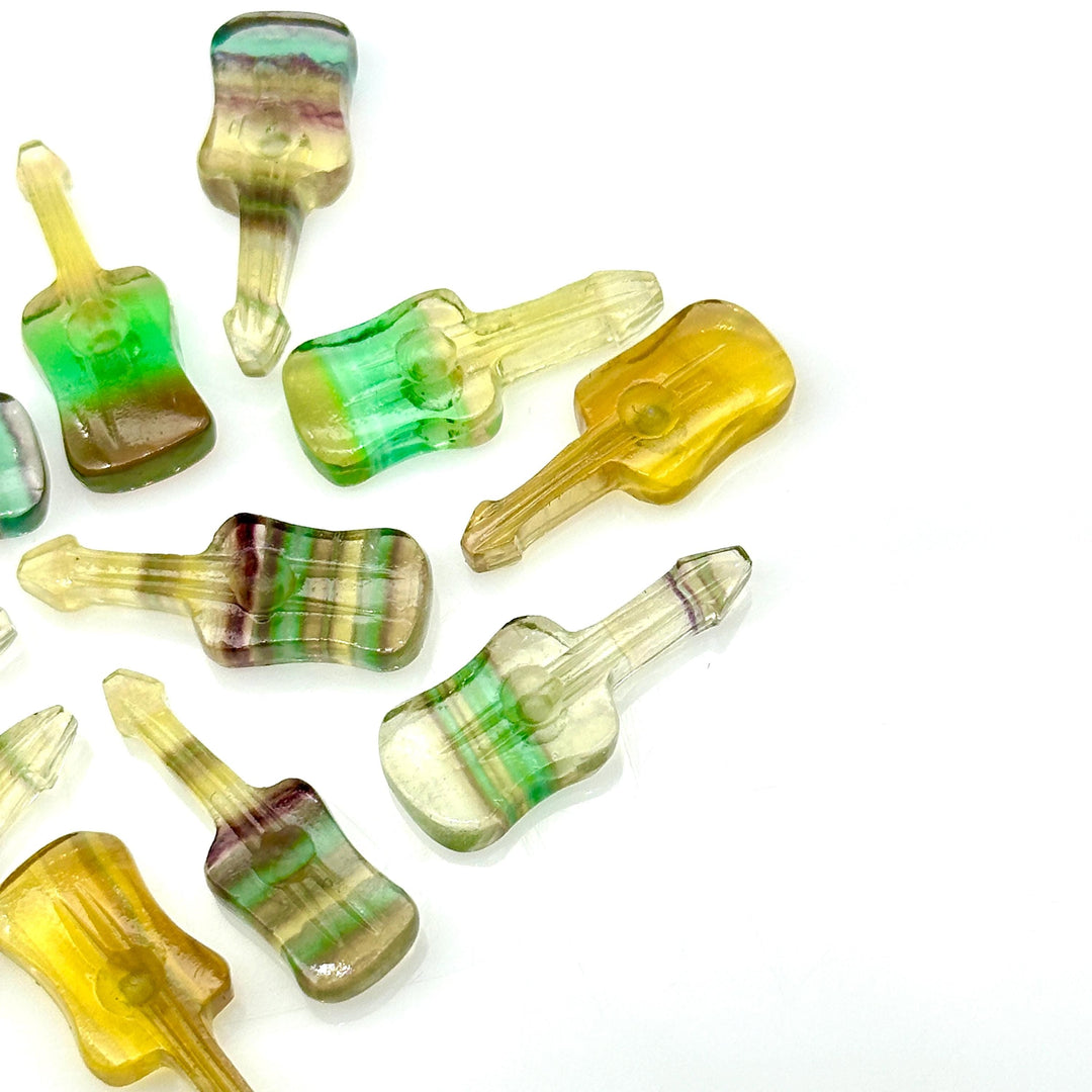 Rainbow Fluorite Guitar Shape Beads, Tiny Fluorite Guitar Shape Hand Carved Gemstone, 26 MM, Miniature Guitar Gemstone, Tiny Charms