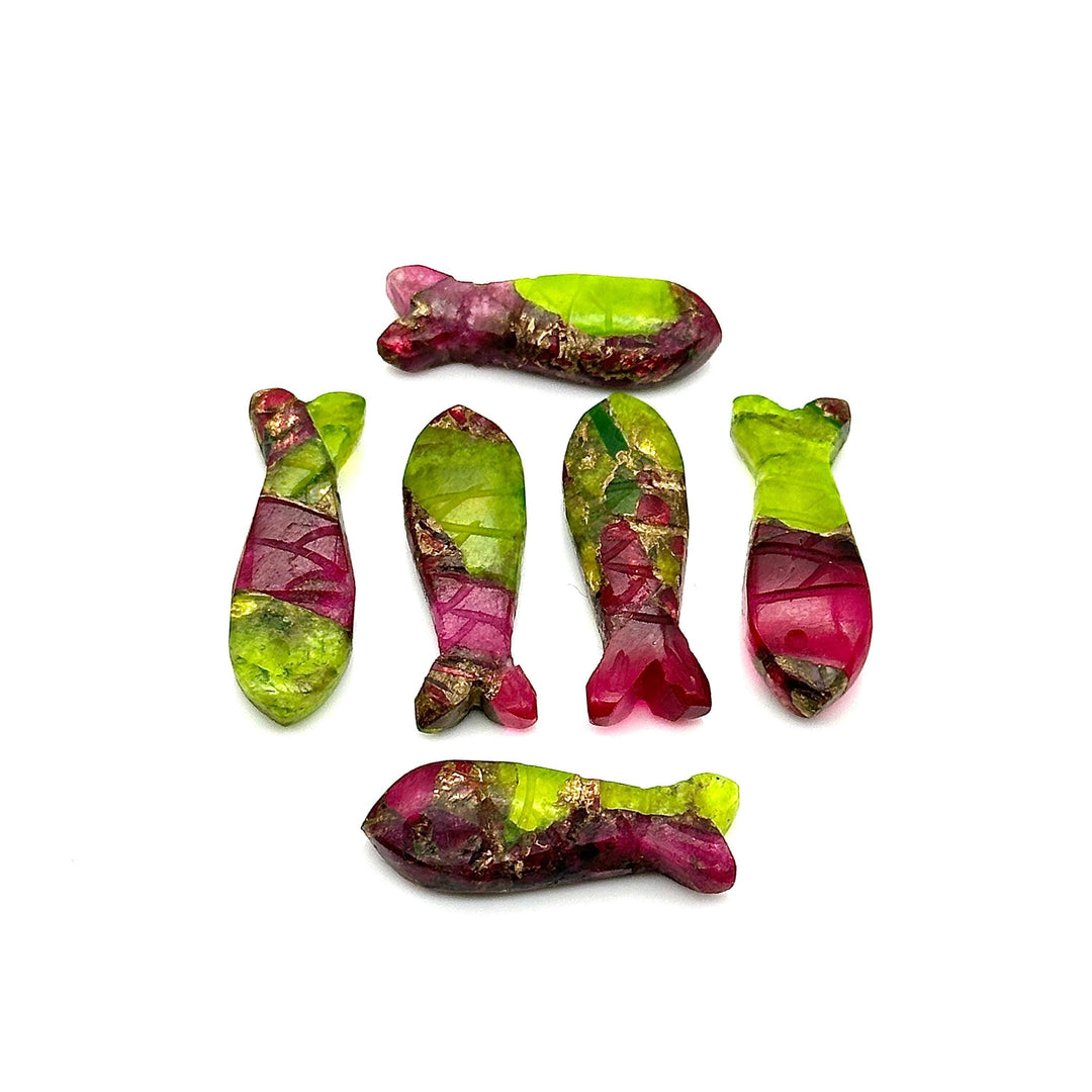 Carved Copper Turquoise Fish Charm: Neon Green & Hot Pink Briolette (25mm