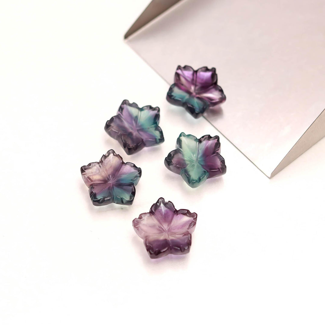Natural Fluorite Flower Shape Carved Gemstones, Multi Fluorite Flower Shape Beads, Floral Gems Charm for Jewelry Making, 14 MM