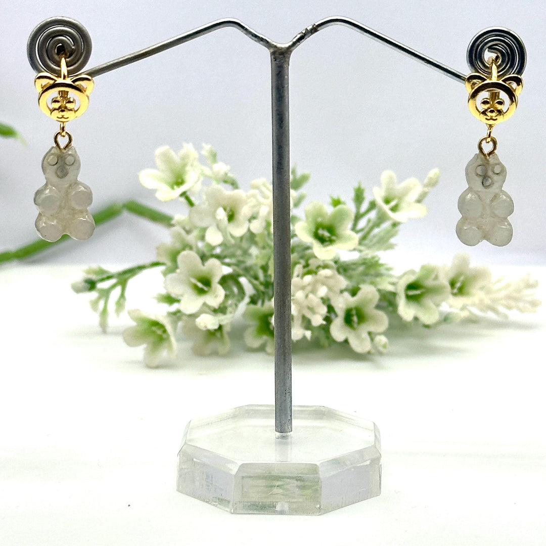 Gummy Bear Earrings, Grey Moonstone Carved Teddy Bear Earrings For Girls, Bridesmaid Gift, Anniversary Gift For Her, Handmade Jewelry