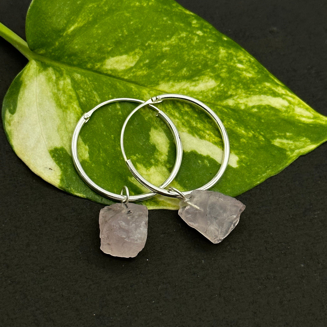 Natural Rough Rose Quartz Hoop Earings, Rose Quartz Dangle & Hoop Earrings For Girls, Gemstone Earrings, Large Hoop Earrings For Gift