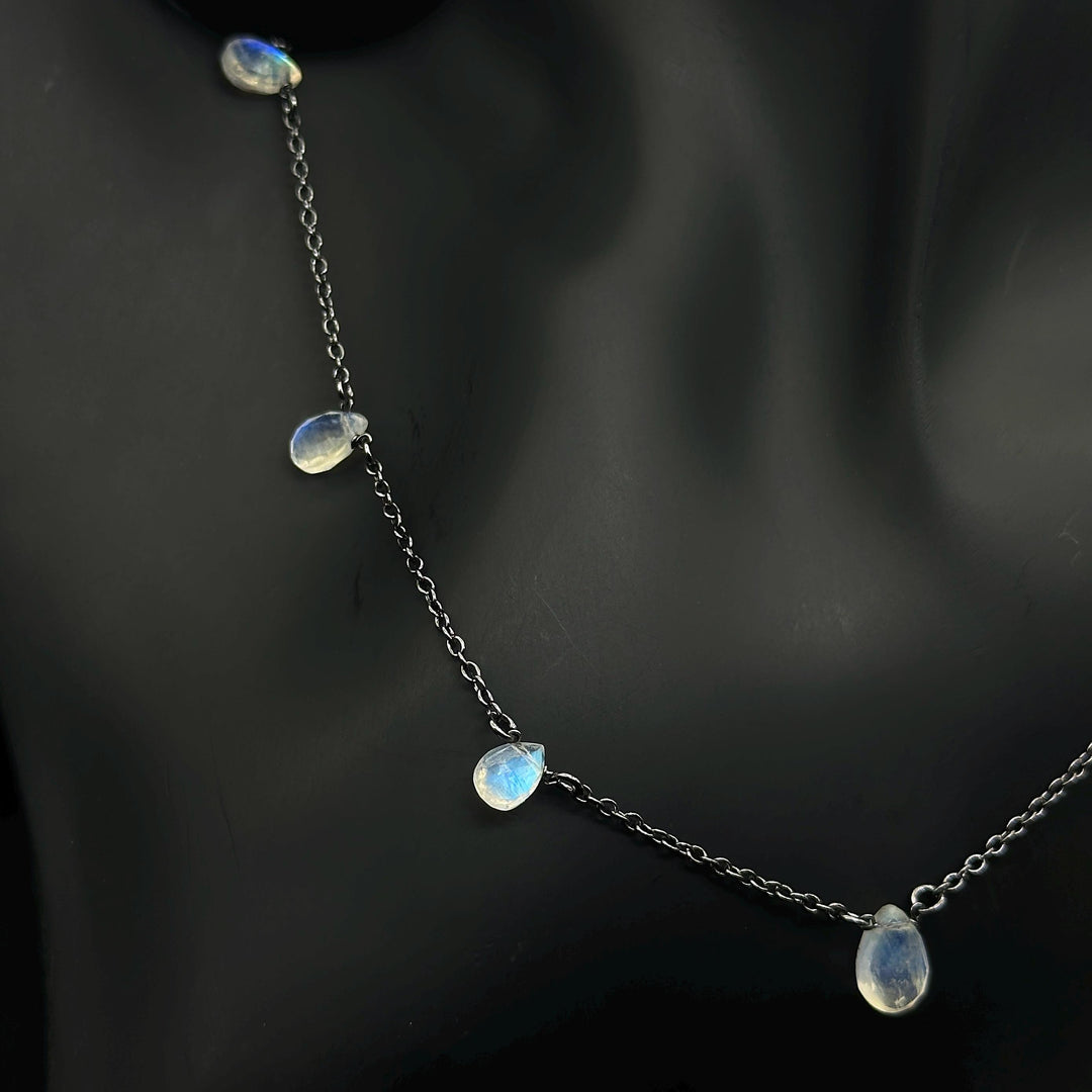Pretty Rainbow Moonstone Pear Necklace, Blue Flashy Faceted Pear Chain Necklace, Black Rhodium Plating Necklace For Girls, Gift For Her