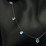 Pretty Rainbow Moonstone Pear Necklace, Blue Flashy Faceted Pear Chain Necklace, Black Rhodium Plating Necklace For Girls, Gift For Her