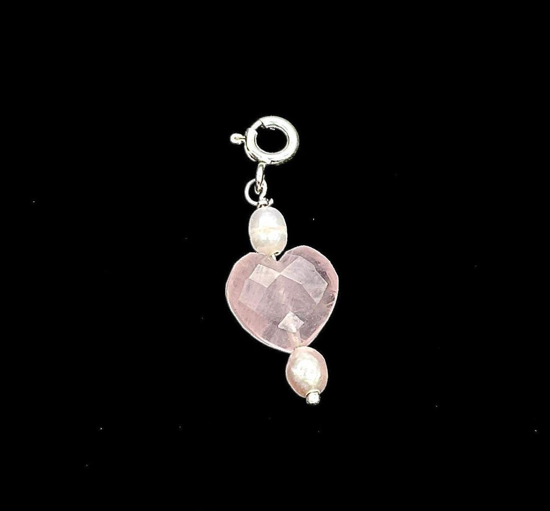 925 Silver Charms, Natural Rose Quartz and Pearl Handmade Charm for Jewelry, Rose Quartz Heart Silver Charms, Gemstone Beads, Craft Making