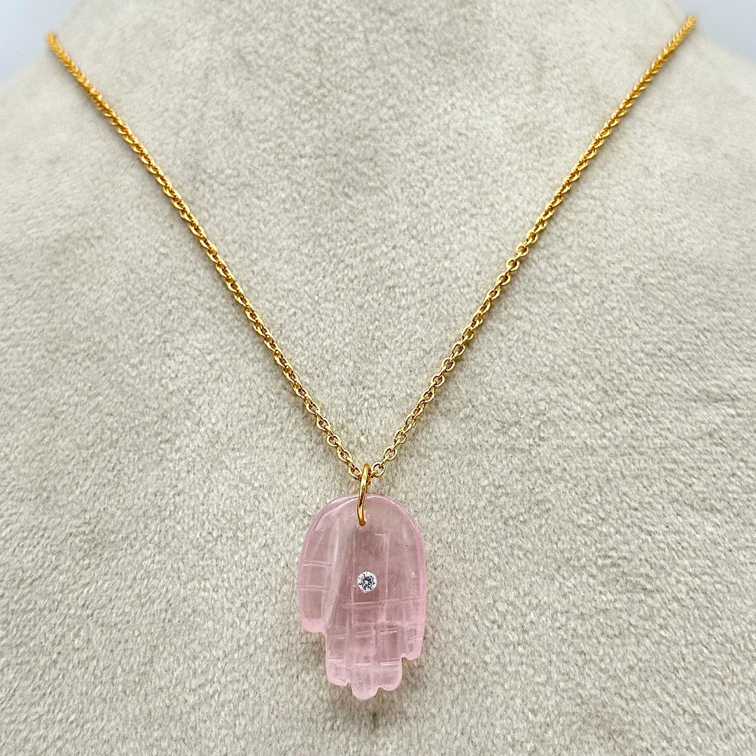 Natural Rose Quartz Hamsa Necklace, Pink Quartz Gemstone Hamsa Necklace For Gift, Reiki Healing Jewelry Pink Charm Protection Necklace 25 MM