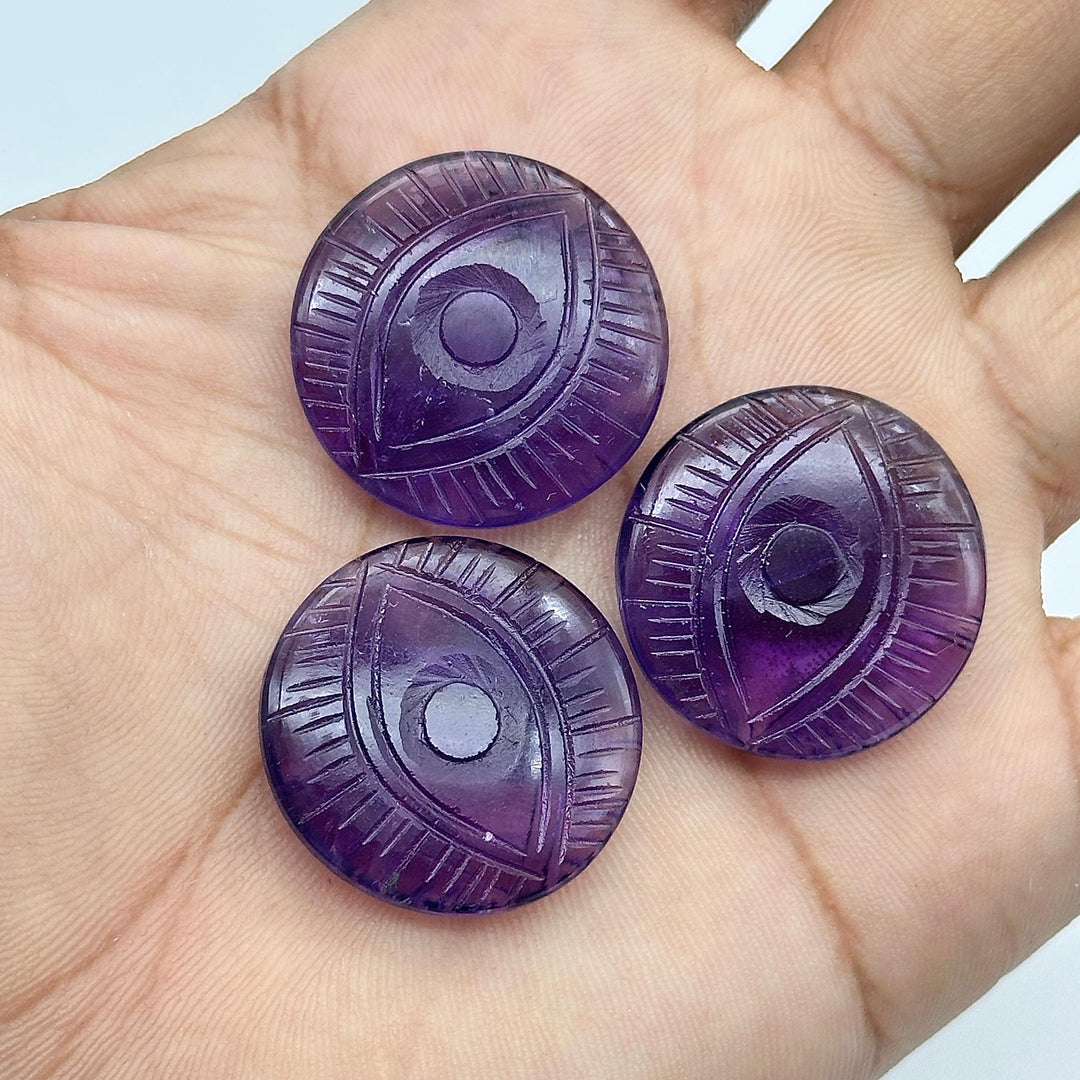 Purple Amethyst Evil Eye Shape Gemstone, Natural Amethyst Hand Carved Stones, 28 MM, Round Evil Eye Carving, Unique Amethyst Carvings