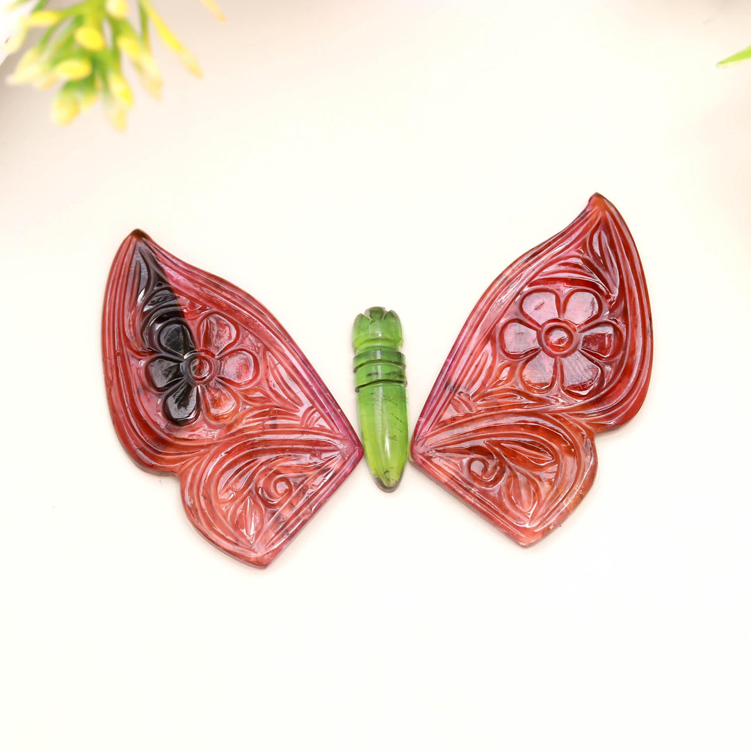 Hand Carved Tourmaline Butterfly Gemstone: AAA Pink & Green Loose Stone