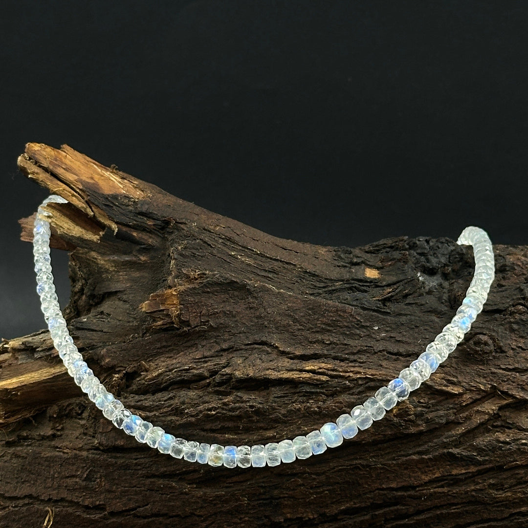 High Quality Rainbow Moonstone Beaded Necklace, Flashy Faceted Rondelle Beads Necklace, 4-6 MM Blue Fire Rainbow Gemstone Silver Necklace