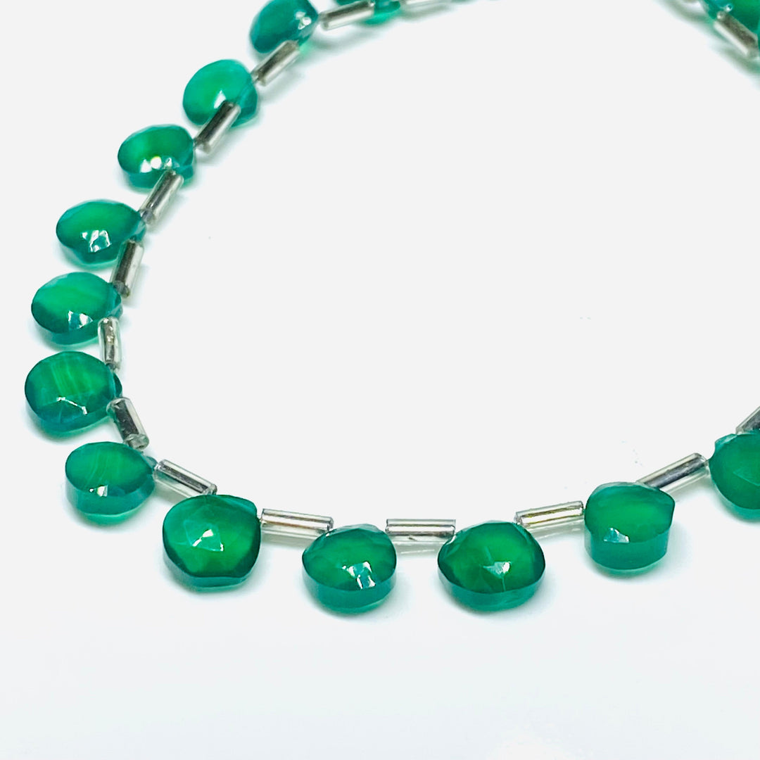 Natural Green Onyx Heart Shape Faceted Beads, Green Onyx Briolettes Beads For Jewelry, 7 mm Heart Shape Beads For Earrings Making, 8" Strand