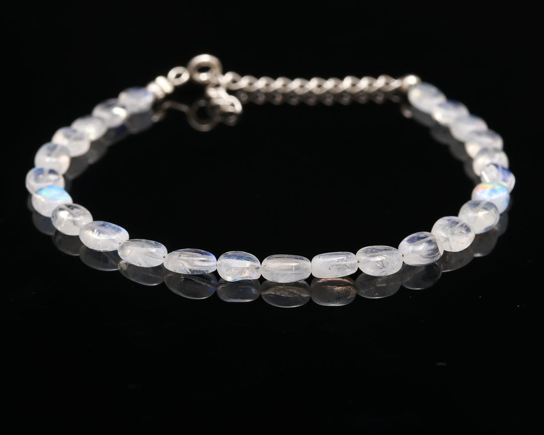 Flashy Rainbow Moonstone Oval Beads Bracelet, Smooth Oval Beads Bracelet, 6 MM Blue Flash Beads Bracelet, Emotional Balancing Stone Bracelet