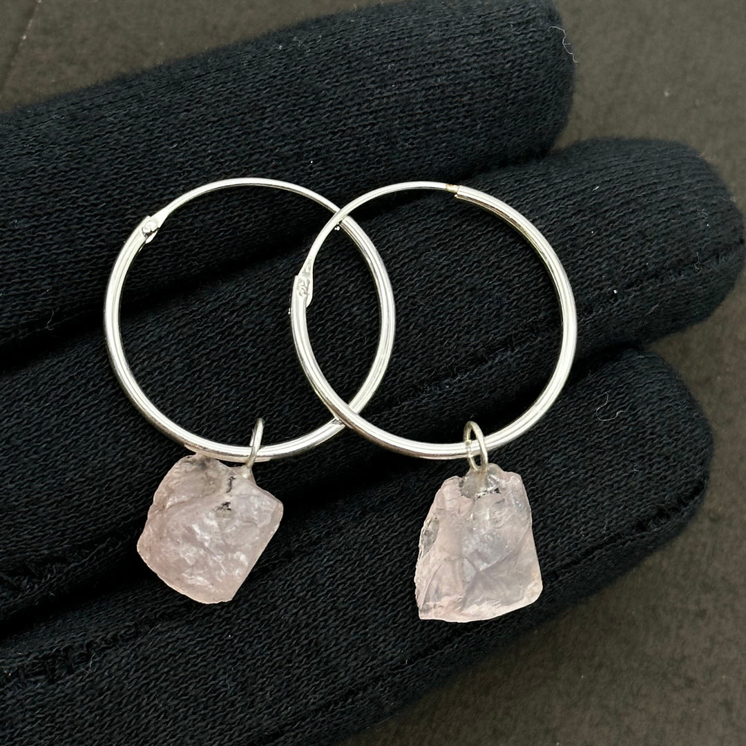 Natural Rough Rose Quartz Hoop Earings, Rose Quartz Dangle & Hoop Earrings For Girls, Gemstone Earrings, Large Hoop Earrings For Gift