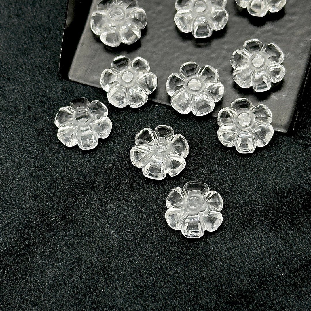 Natural Crystal Quartz Flower Shape Carved Gemstone, Flower Shape Carving, Carved Gemstone For Jewlery 12 mm, Craft Making Flower Charm