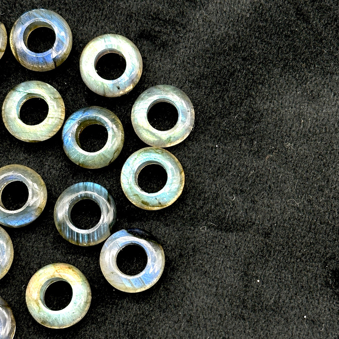 Labradorite Donut Gemstone Beads: 12mm Blue Fire Carved Jewelry