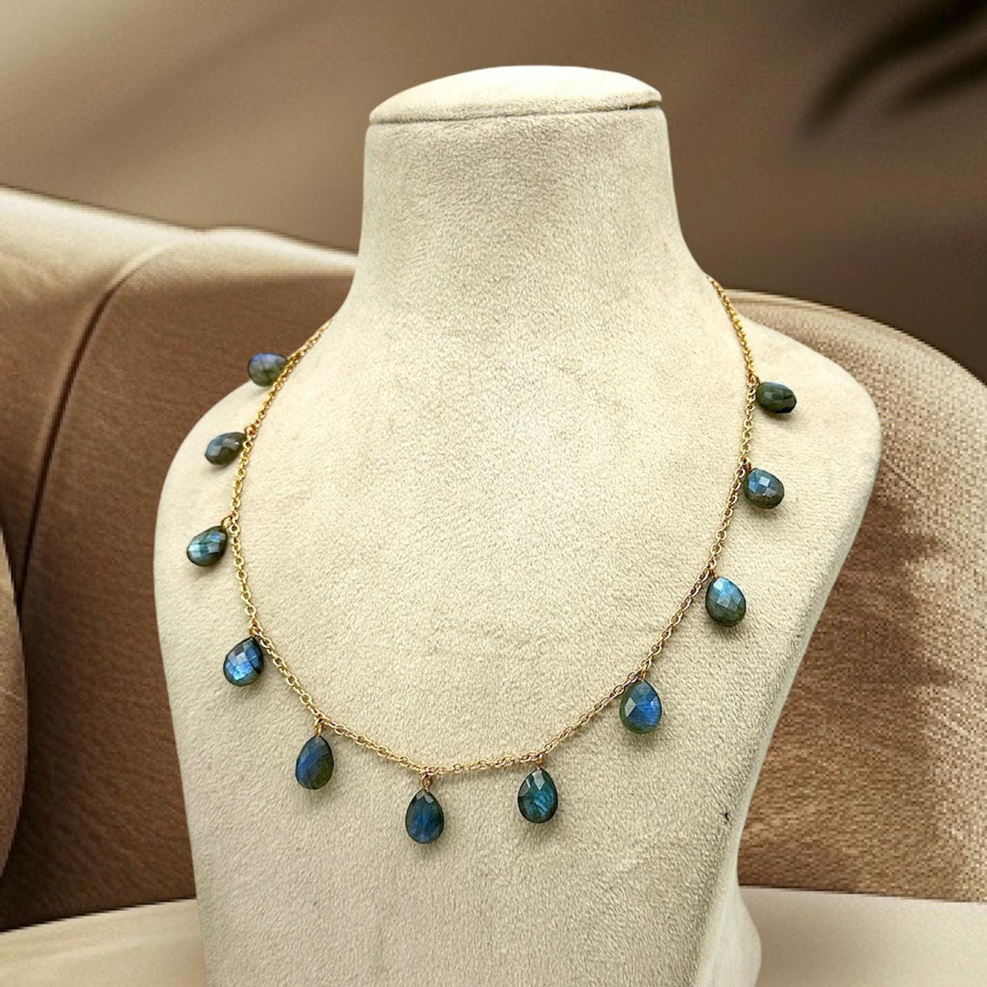 AAA+ Natural Labradorite Pear Shape Beads Necklace, Drop Chain Necklace, Pear Gemstone Necklace, Faceted Pear Chain Necklace For Women's