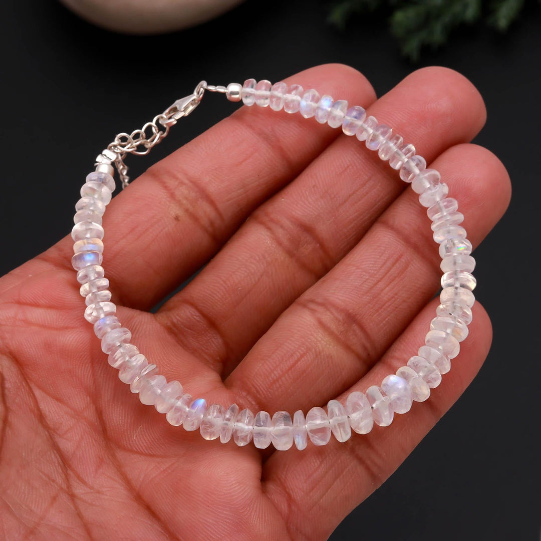 Rainbow Moonstone Beads Bracelet, Natural Blue Flash Smooth Beads Bracelet, White Rainbow Bracelet, Gemstone Silver Anklet For Girls