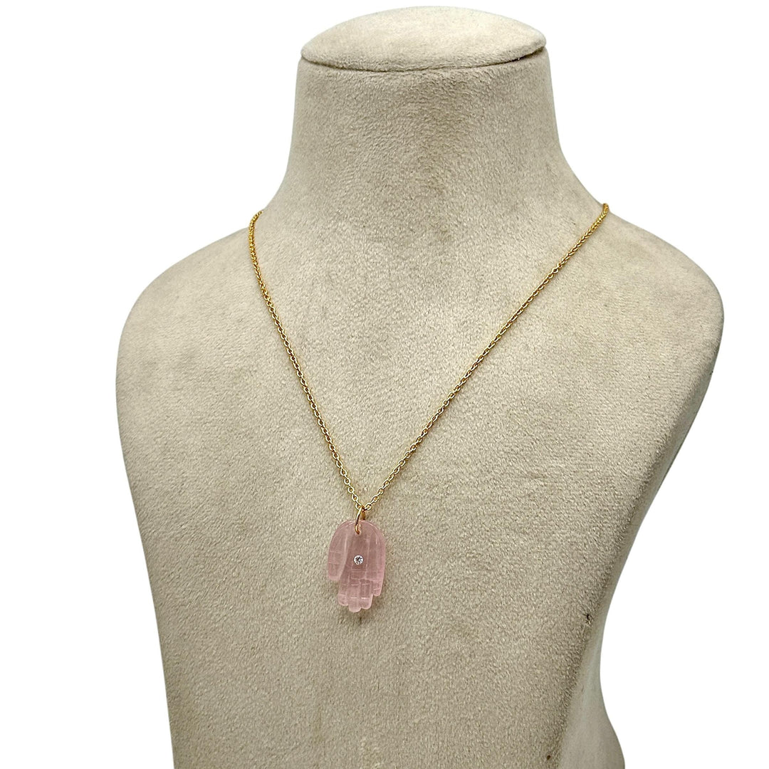 Natural Rose Quartz Hamsa Necklace, Pink Quartz Gemstone Hamsa Necklace For Gift, Reiki Healing Jewelry Pink Charm Protection Necklace 25 MM
