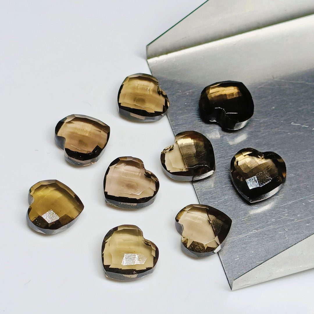 2,5,7,8,9,10 Pcs Natural Smokey Quartz Heart Shape Briolettes, Faceted Hand Carved  Briolettes, Heart Shape Gemstone,Carved Briolettes,10 mm