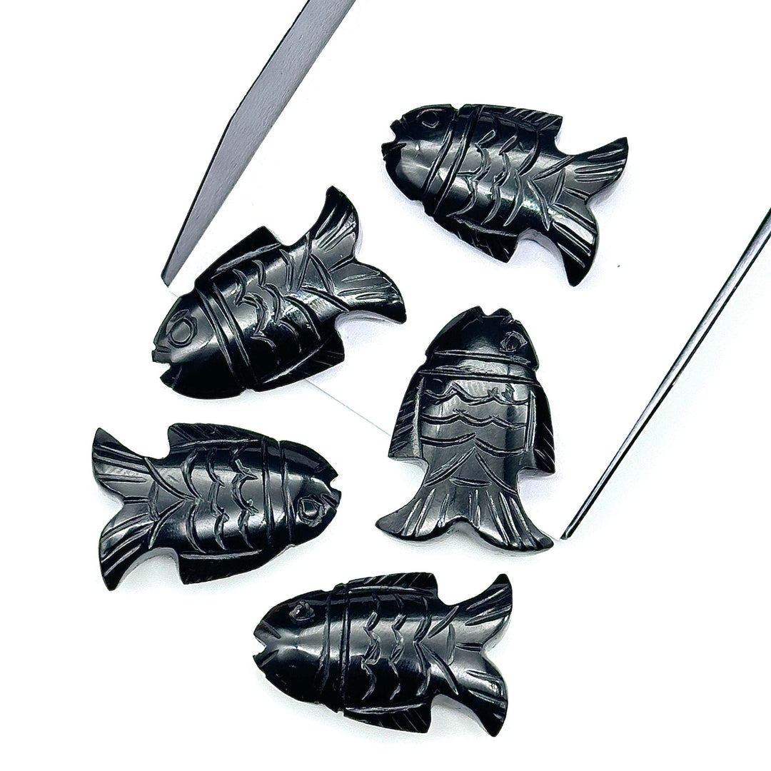 Natural Black Onyx Carved Fish Shape Gemstone, Hand Carved Fish Shape Gemstone, Jewelry Making Gemstones, 17X26 MM, Blue Fish Charm Pendant