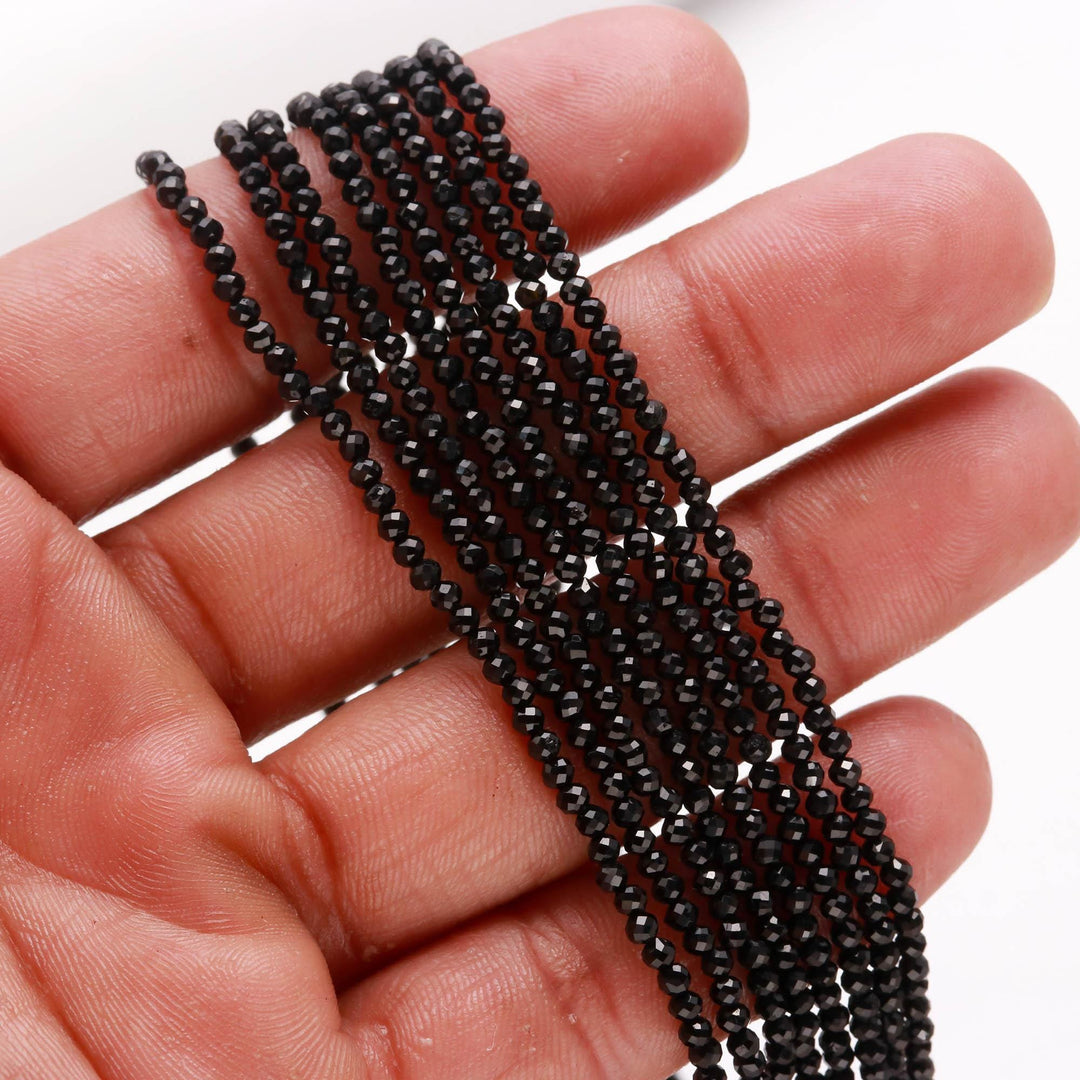 Black Tourmaline Faceted Round Beads, Natural Black Tourmaline Micro Beads, 2 MM Beads for Jewelry Making, 13 Inches, Wholesale Beads