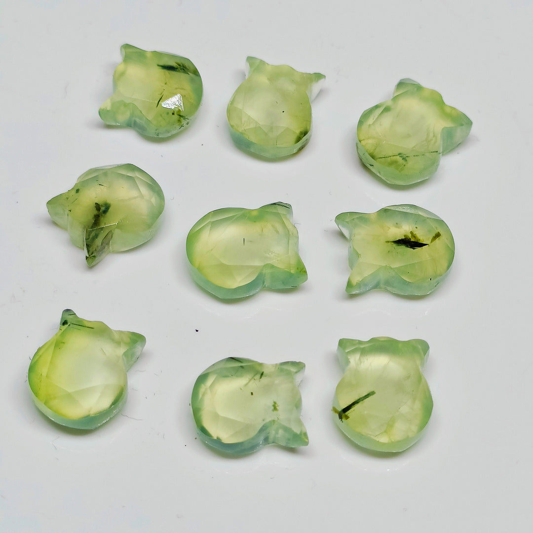 Natural Prehnite Cat Face Carving, Hand Carved Kitty Shape Charms Beads, Faceted Prehnite Handmade Carved Stone, Jewelry Making Beads 12x10