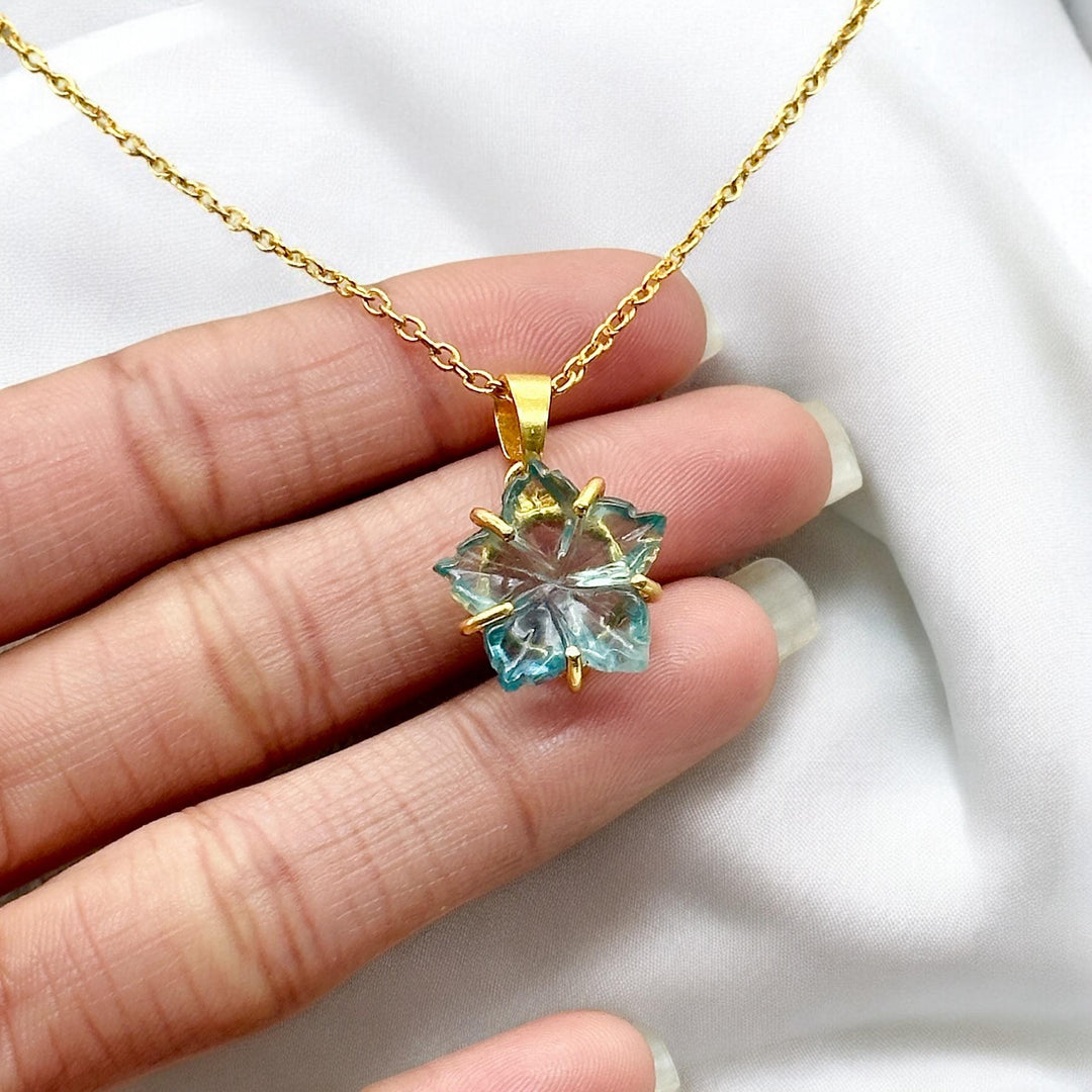 Hand Carved Green Fluorite Flower Pendant Necklace - Boho Hippie Style