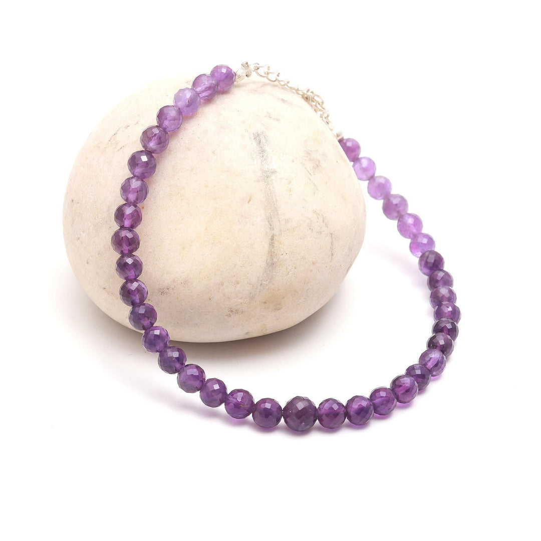 Pretty Amethyst Round Beads Bracelet, Purple Amethyst Beads Bracelet, February Birthstone Gift For Her, 925 Silver Bracelet For Her 4-4.5 MM