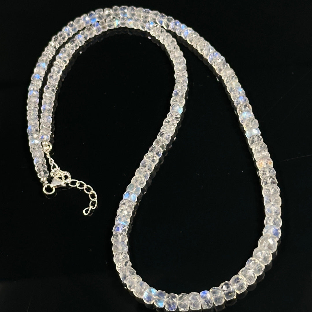 High Quality Rainbow Moonstone Beaded Necklace, Flashy Faceted Rondelle Beads Necklace, 4-6 MM Blue Fire Rainbow Gemstone Silver Necklace