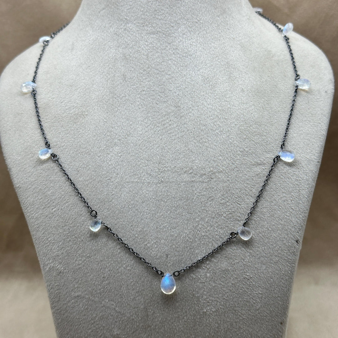 Pretty Rainbow Moonstone Pear Necklace, Blue Flashy Faceted Pear Chain Necklace, Black Rhodium Plating Necklace For Girls, Gift For Her