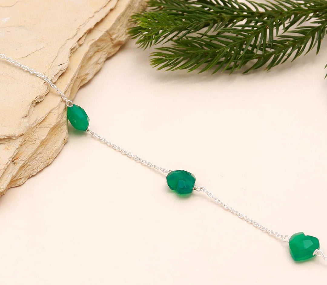 Natural Green Onyx Heart Beads Bracelet, Onyx Faceted Heart Beads Bracelet, Women's Gift Chain Bracelet, 925 Silver Bracelet, Girls Anklets