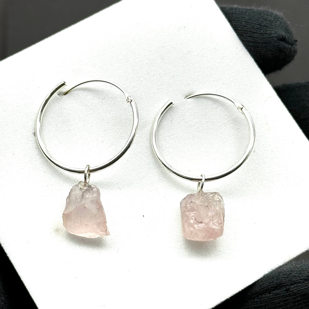 Natural Rough Rose Quartz Hoop Earings, Rose Quartz Dangle & Hoop Earrings For Girls, Gemstone Earrings, Large Hoop Earrings For Gift