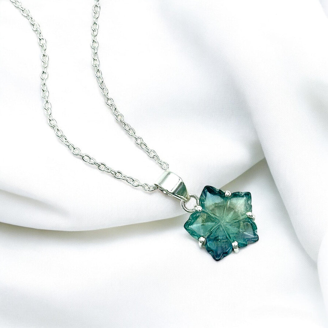 Hand Carved Green Fluorite Flower Pendant Necklace - Boho Hippie Style
