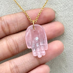 Load image into Gallery viewer, Natural Rose Quartz Hamsa Necklace, Pink Quartz Gemstone Hamsa Necklace For Gift, Reiki Healing Jewelry Pink Charm Protection Necklace 25 MM