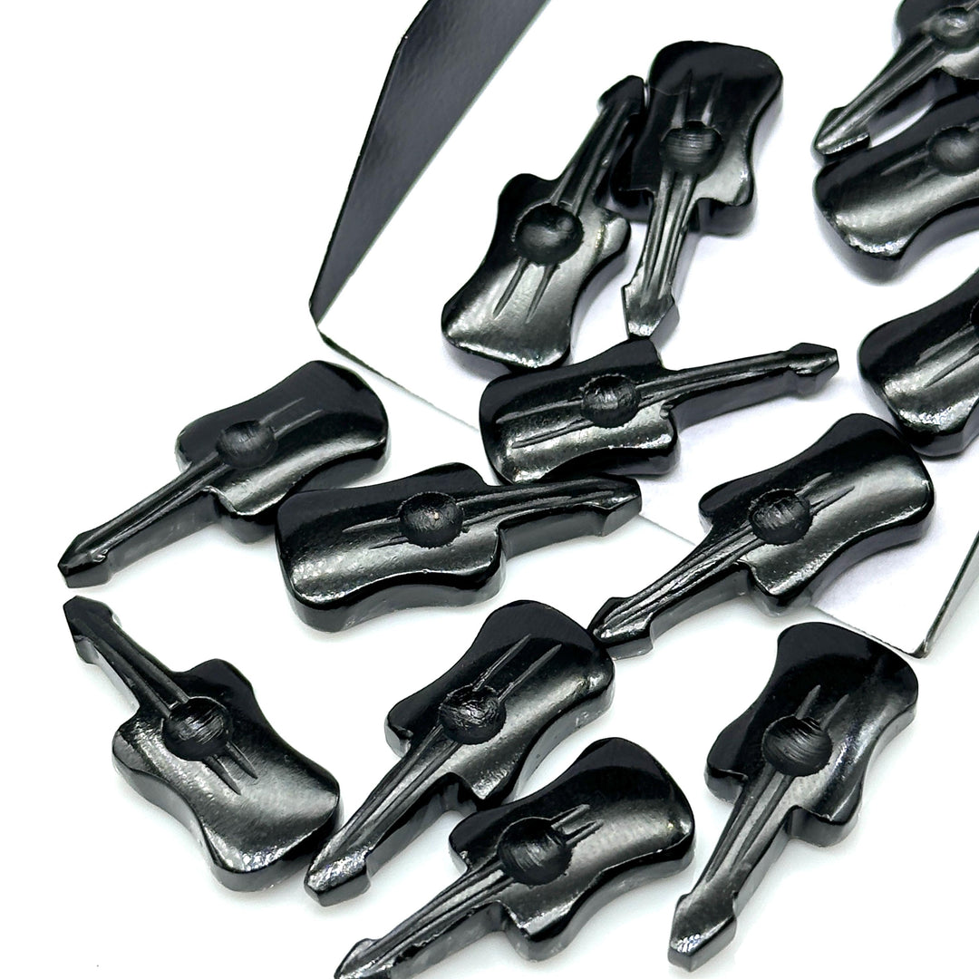 Natural Black Onyx Guitar Shape Beads, Tiny Black Onyx Guitar Shape Hand Carved Gemstone, 26 MM, Miniature Guitar Gemstone, Tiny Charms