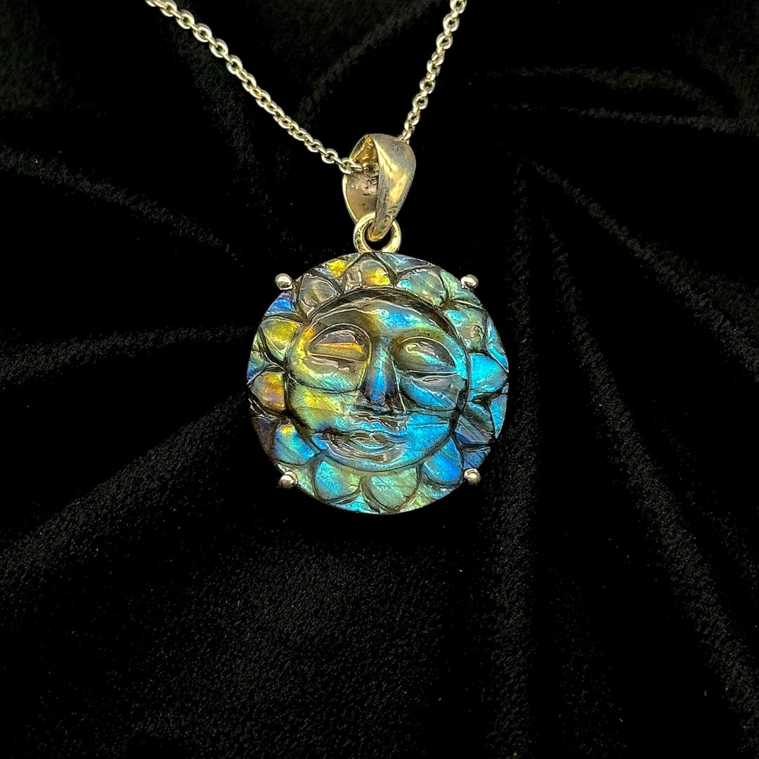 Carved Labradorite Sun Face Pendant: Boho Gemstone Necklace