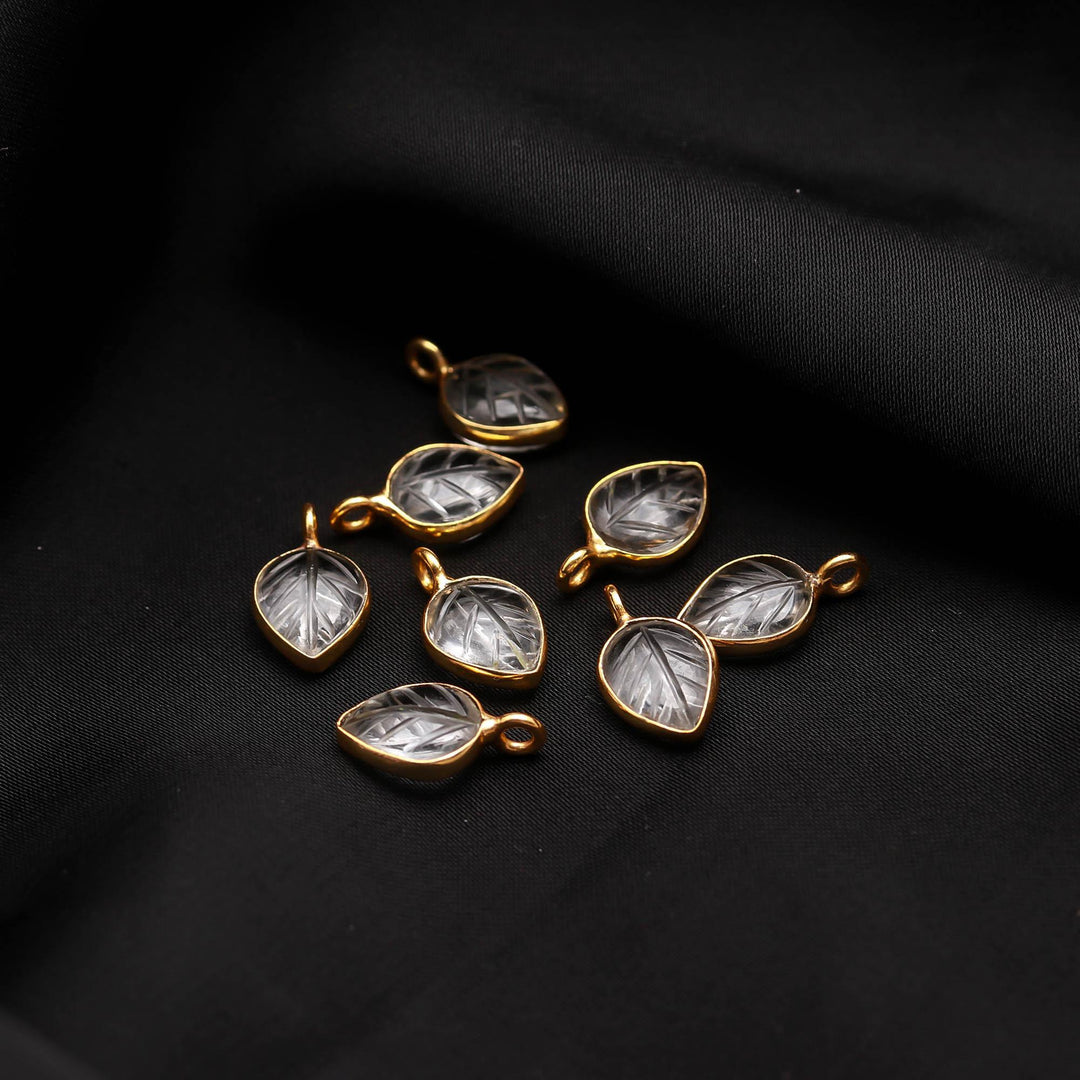Natural Crystal Quartz leaf Shape Pendant 15mm, 925 Sterling Silver With Gold Plated Charms For DIY Jewelry