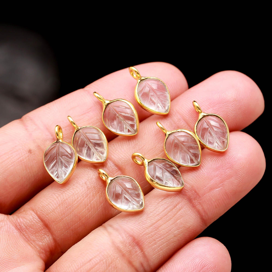 Natural Crystal Quartz leaf Shape Pendant 15mm, 925 Sterling Silver With Gold Plated Charms For DIY Jewelry
