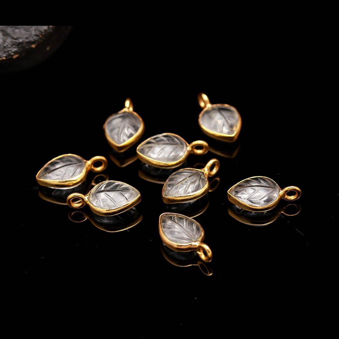 Natural Crystal Quartz leaf Shape Pendant 15mm, 925 Sterling Silver With Gold Plated Charms For DIY Jewelry