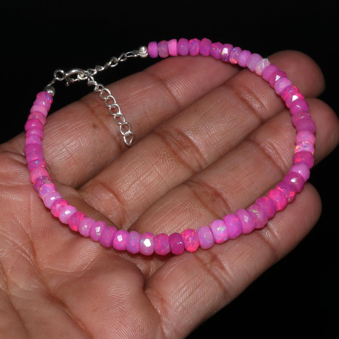 Amazing Pink Lavendar Ethiopian Opal Beaded Bracelet, Flashy Faceted Rondelle Beads Bracelet, 4-4.5 MM Welo Opal Beads Bracelet For Women's